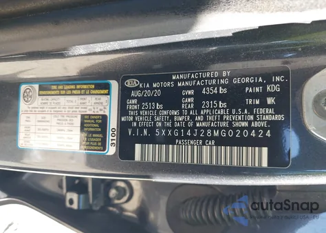 2021 Kia K5 Lxs z USA, uszkodzony, nr VIN 5XXG14J28MG020424